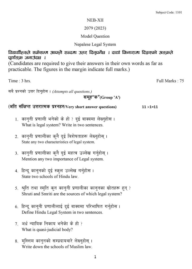 NEB Class 12 Nepalese Legal System Model Question 2080-1