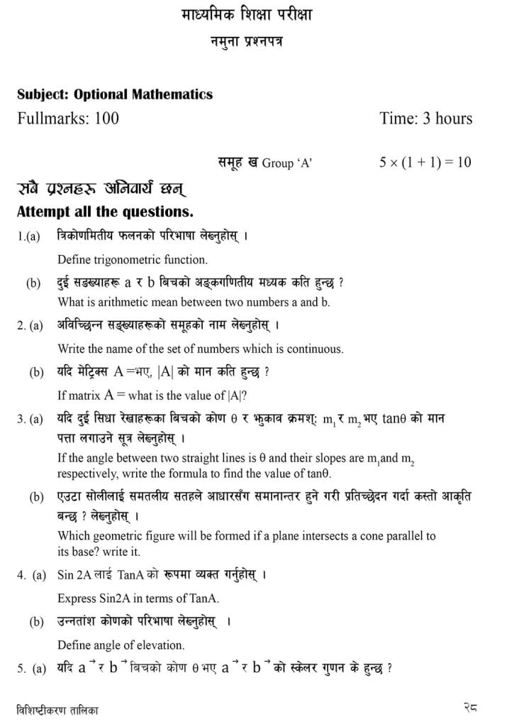 Class 10 (SEE) Opt Math Model Question 2080 1